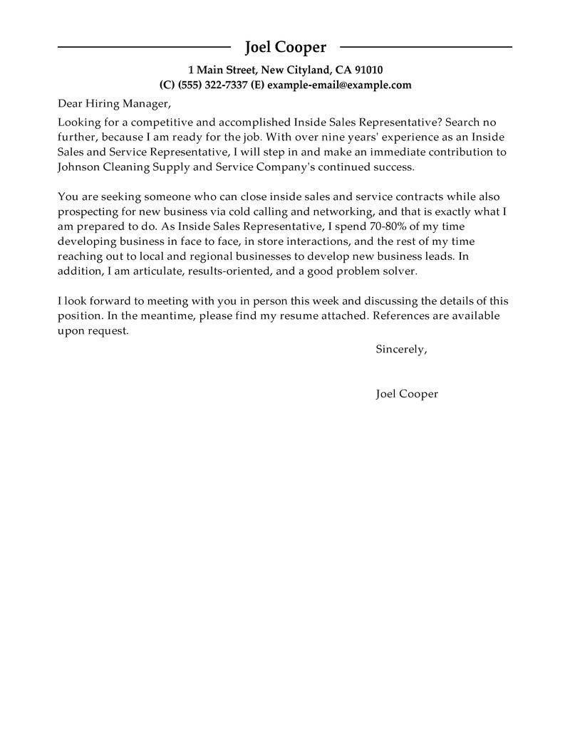Cover Letter for Inside Sales Position Best Inside Sales Cover Letter Examples Livecareer