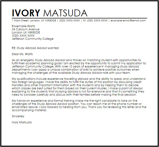 Cover Letter for Job Application Abroad Study Abroad Advisor Cover Letter Sample Cover Letter