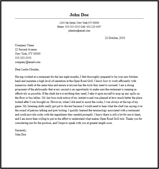 Cover Letter for Kitchen Hand Professional Kitchen Hand Cover Letter Sample Writing