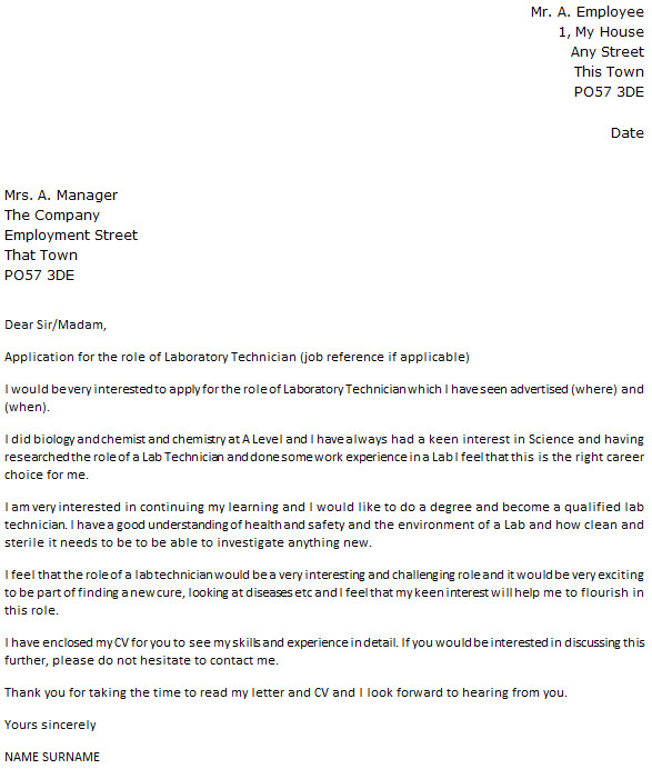 Cover Letter for Lab assistant with No Experience Laboratory Technician Cover Letter Example Icover org Uk