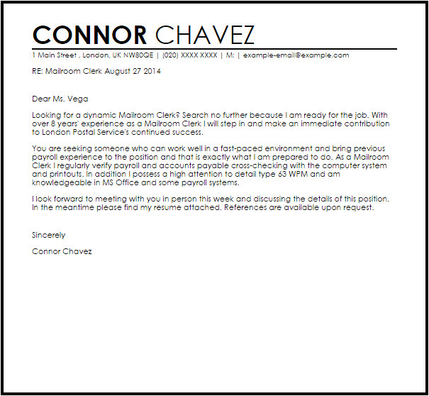 Cover Letter for Mailroom Clerk Mailroom Clerk Cover Letter Sample Cover Letter