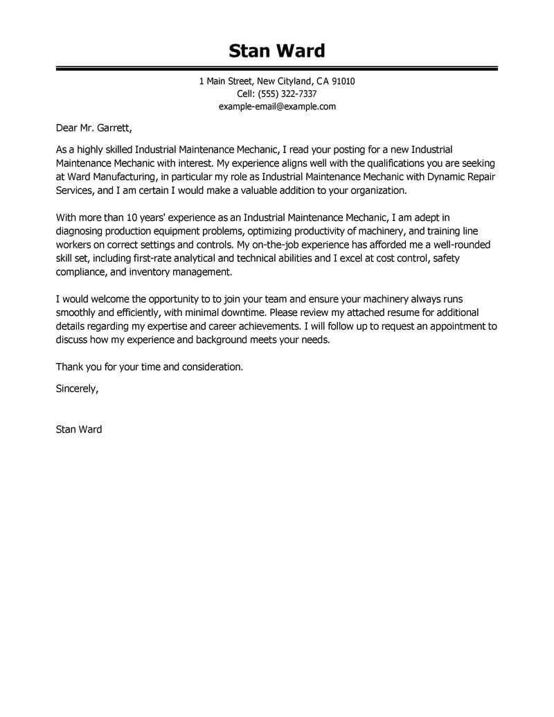 Cover Letter for Maintenance Mechanic Position Best Industrial Maintenance Mechanic Cover Letter Examples