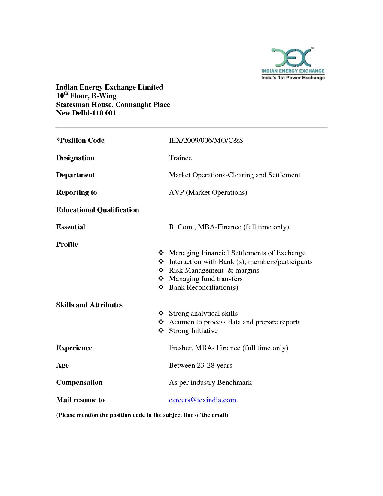 mba sample resume for freshers finance fresh cover letter resume format for mba fresher resume format for mba