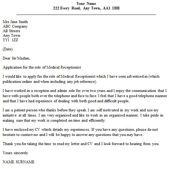 medical receptionist cover letter example