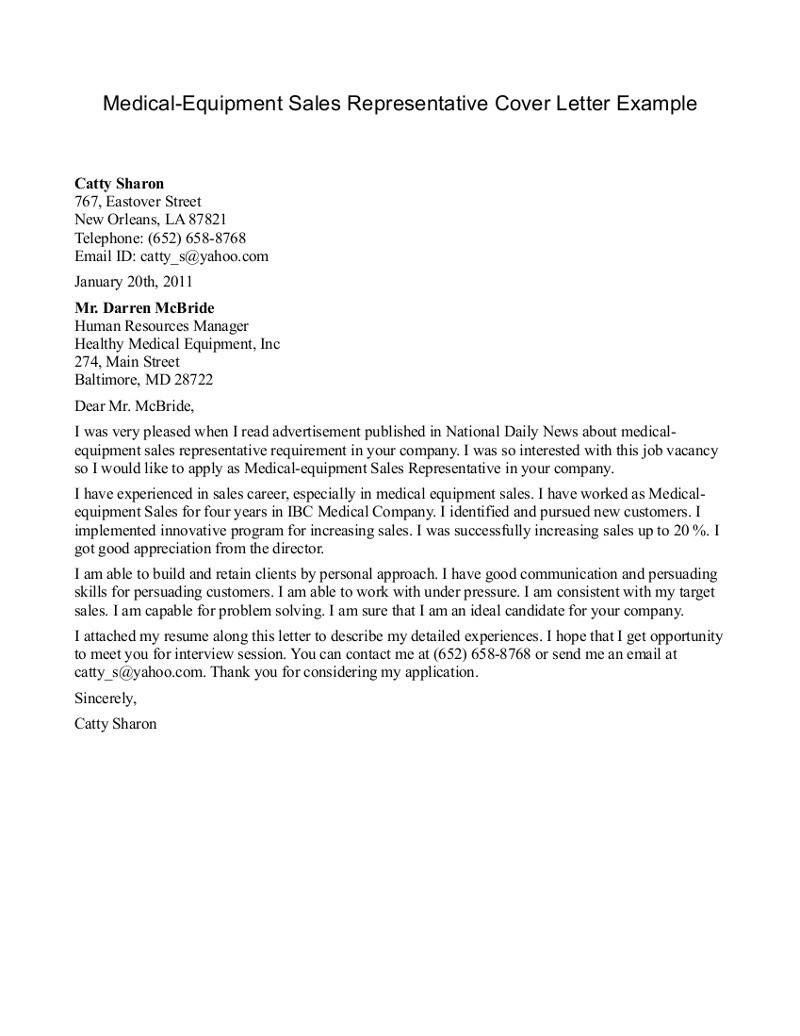 Cover Letter for Medical Sales Representative with No Experience Sales Rep Cover Letter No Experience Medical Equipment