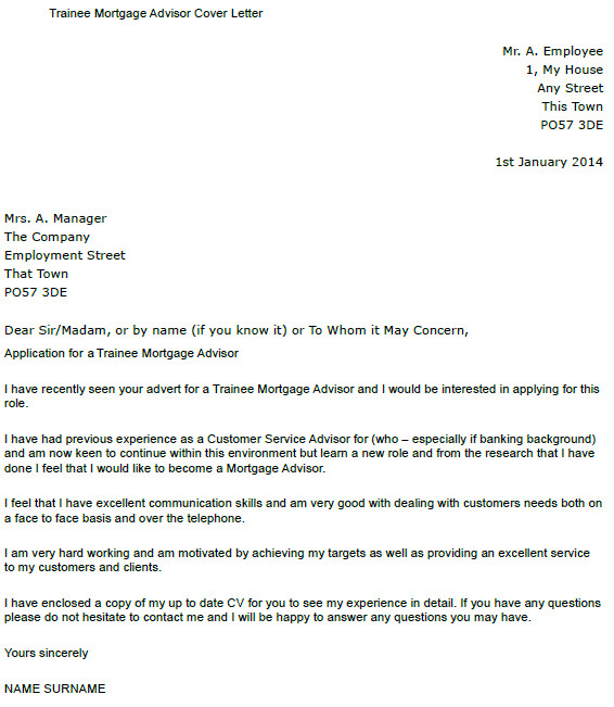 Cover Letter for Mortgage Advisor Trainee Mortgage Advisor Cover Letter Example Icover org Uk