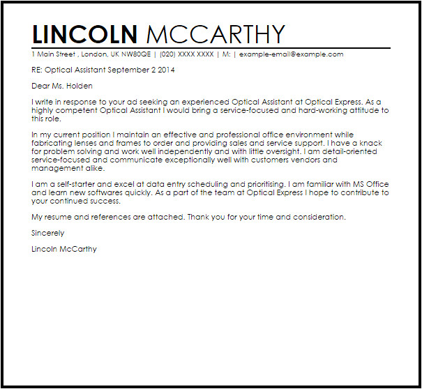 Cover Letter for Optical assistant 1 Cover Letter for Optical assistant Optical assistant Cover Letter Sample Cover Letter