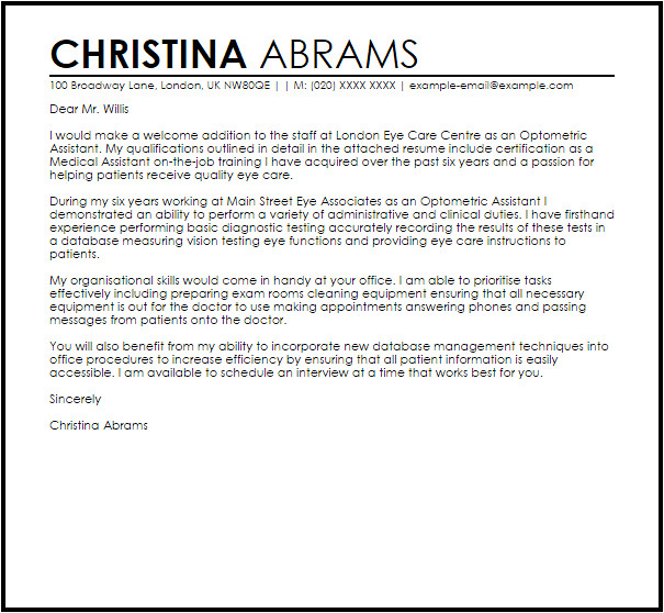 Cover Letter for Optometric assistant Optometric assistant Cover Letter Sample Cover Letter