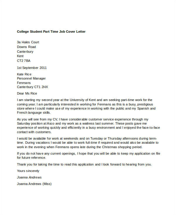 part time job cover letter