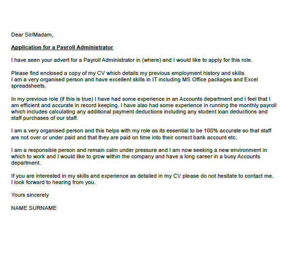 payroll administrator cover letter example