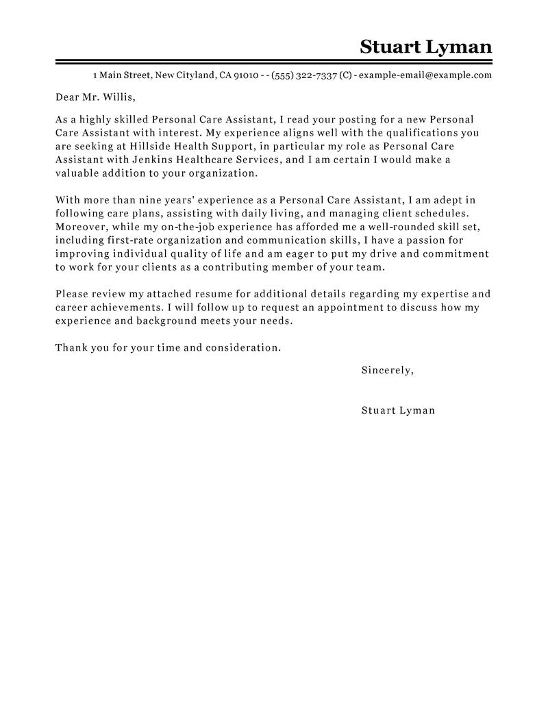 Cover Letter for Personal Care assistant Best Personal Care assistant Cover Letter Examples