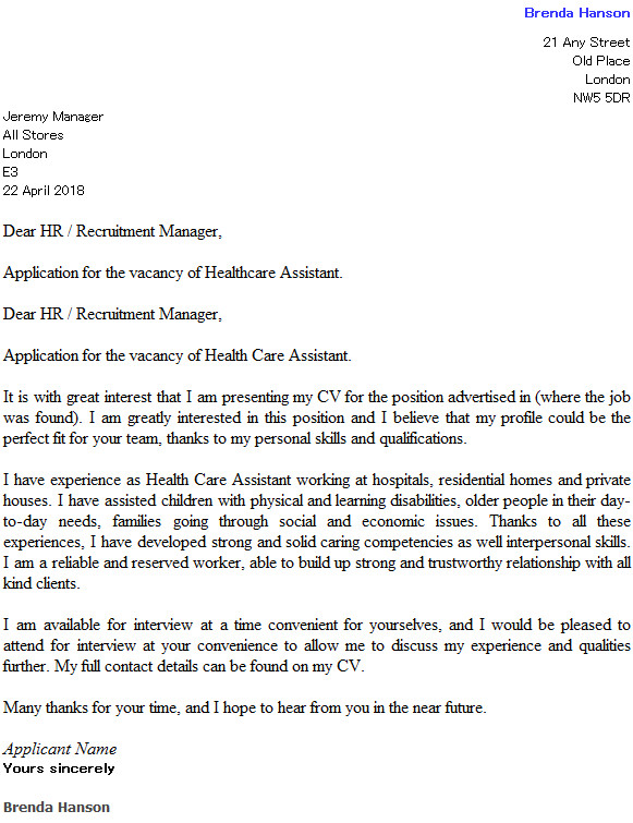 health care assistant cover letter example