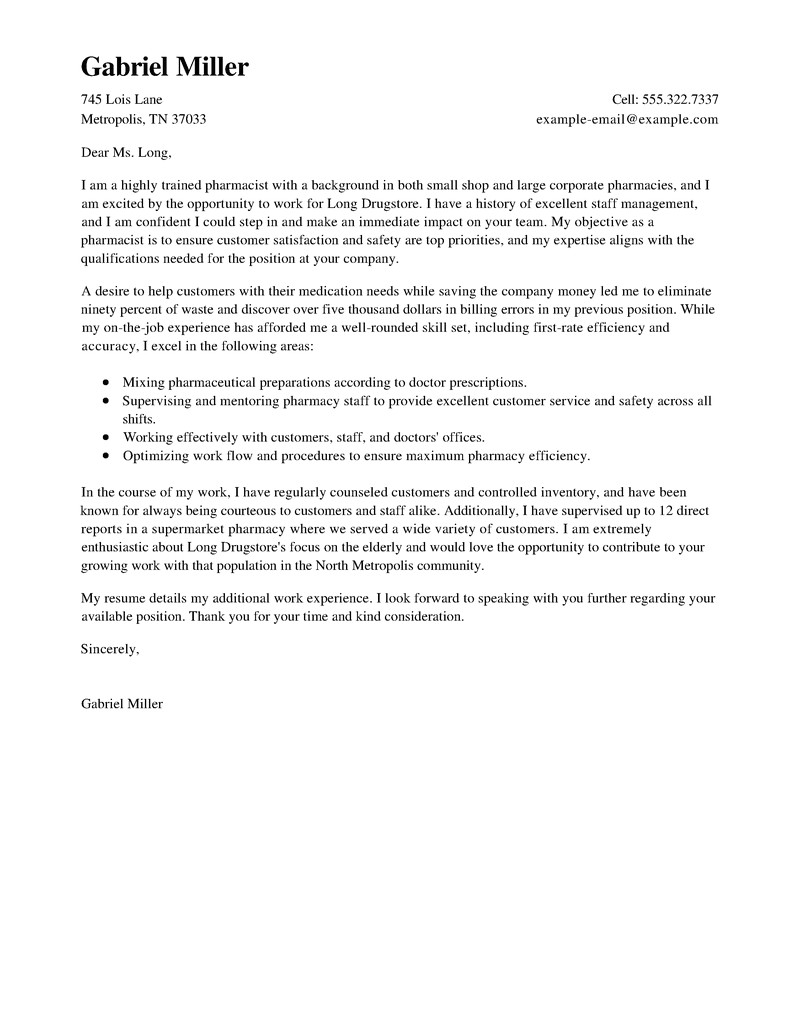 Cover Letter for Pharmacist Position Best Pharmacist Cover Letter Examples Livecareer