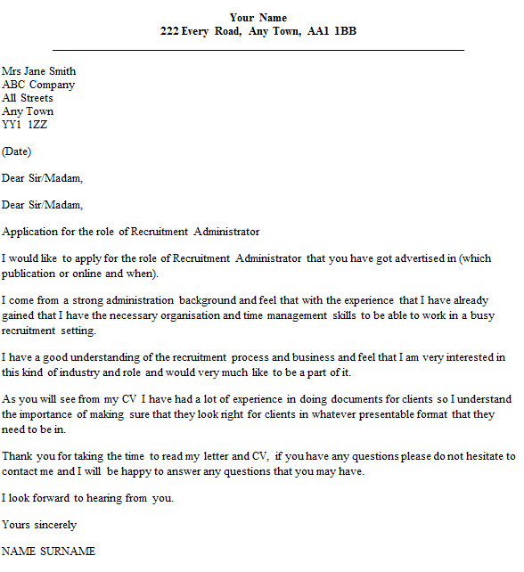 Cover Letter for Placement Agency Recruitment Administrator Cover Letter Example Icover org Uk