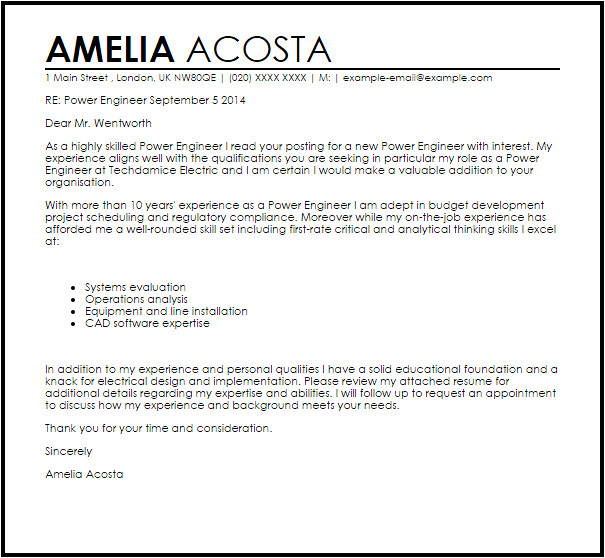 Cover Letter for Power Engineer Power Engineer Cover Letter Sample Cover Letter