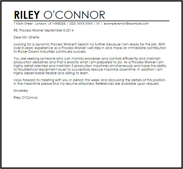 Cover Letter for Process Worker Process Worker Cover Letter Sample Cover Letter