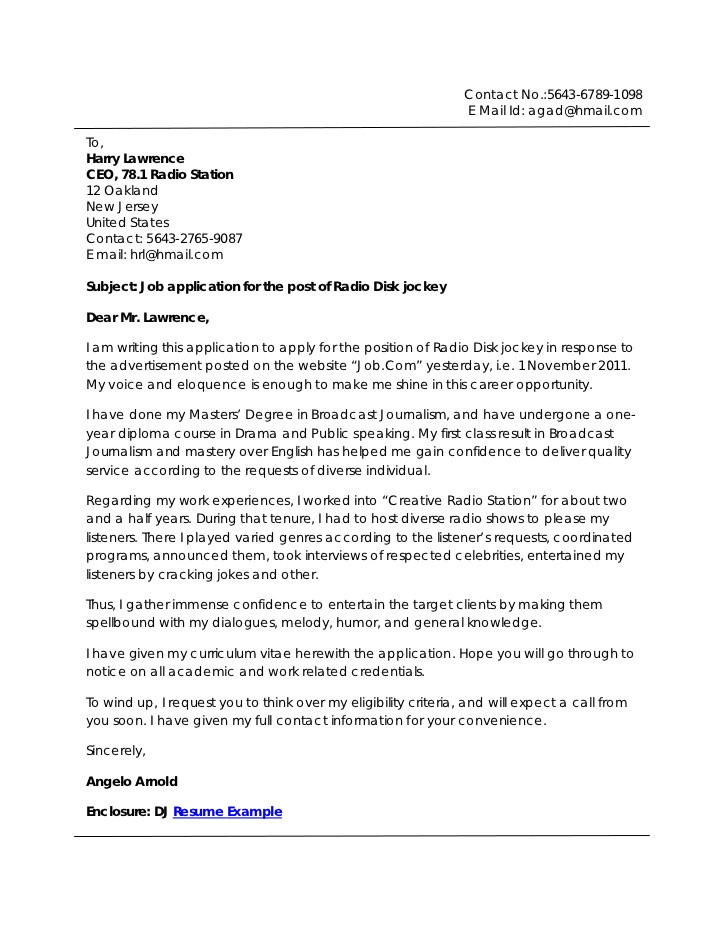 Cover Letter for Radio Internship Disk Jockey Resume Cover Letter