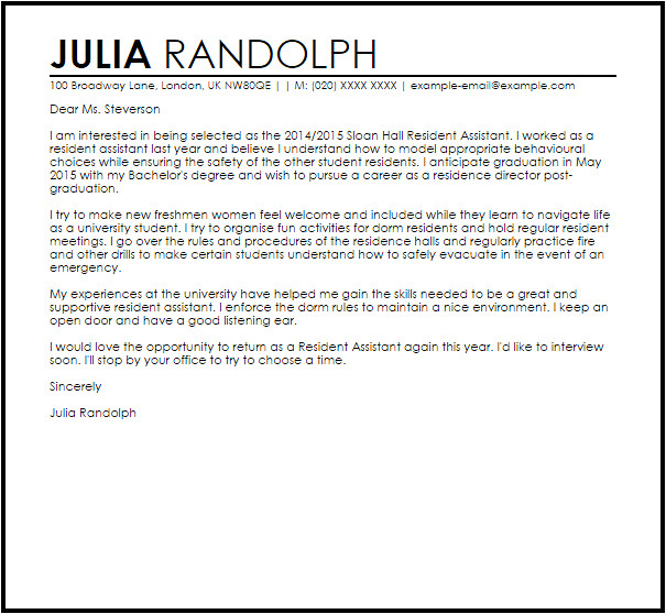Cover Letter for Resident Advisor Position Resident assistant Cover Letter Sample Cover Letter