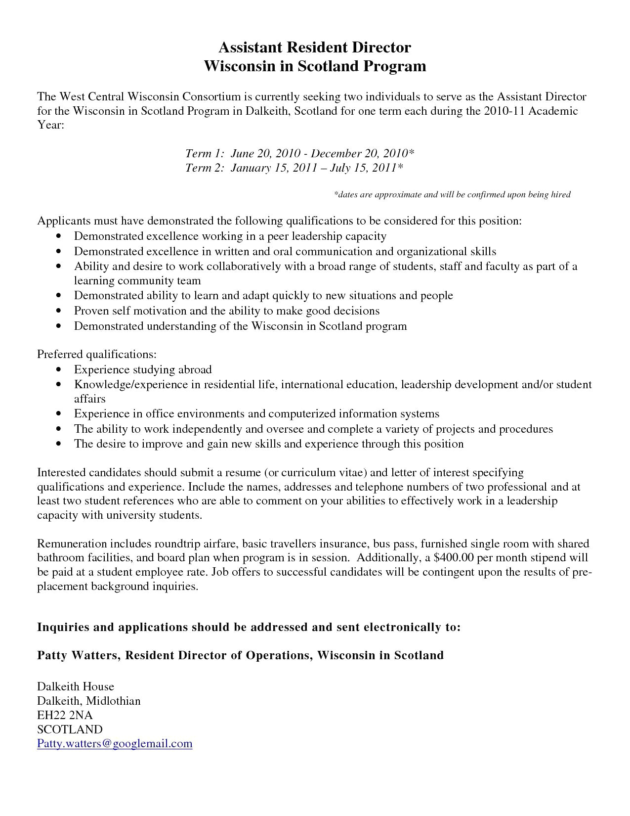 cover letter for resident director position