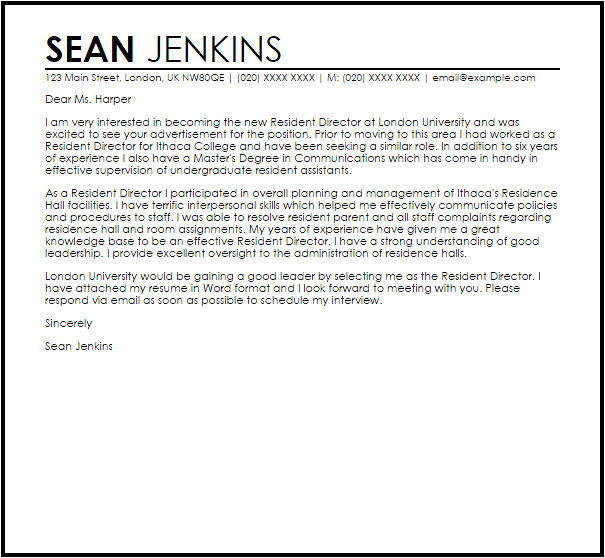 Cover Letter for Resident Director Position Resident Director Cover Letter Sample Cover Letter