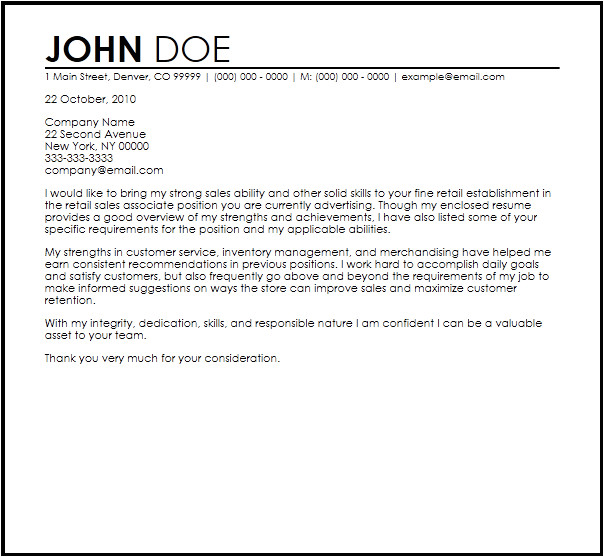 Cover Letter for Retail Sales associate Position Free Retail Sales associate Cover Letter Templates