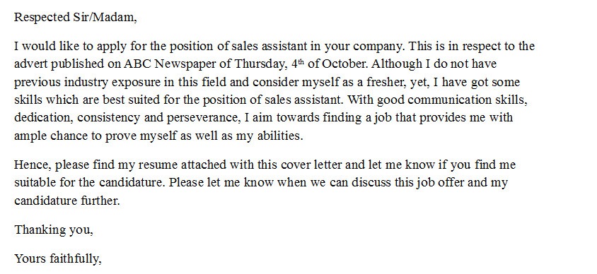 cover letter for sales assistant with no experience