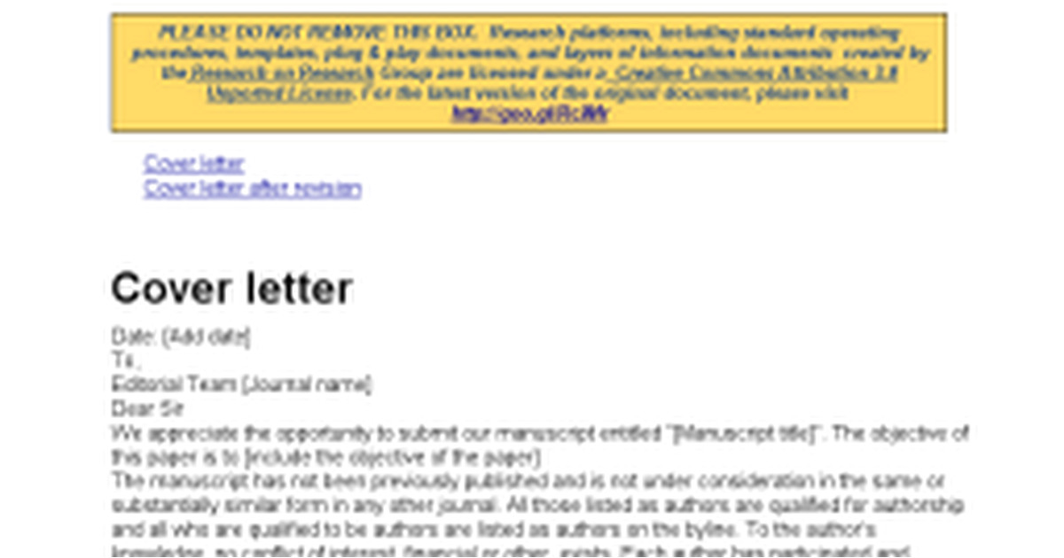 Cover Letter for Revised Manuscript Sample Sample Cover Letter for Submission Of Revised Manuscript