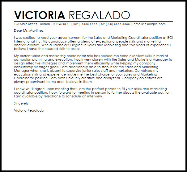 Cover Letter for Sales and Marketing Position Sales and Marketing Coordinator Cover Letter Sample
