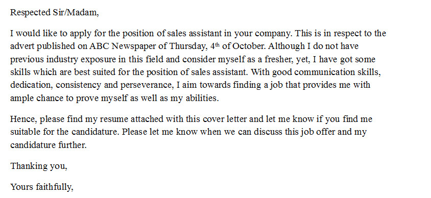 Cover Letter for Sales associate Position with No Experience Cover Letter for Sales assistant with No Experience