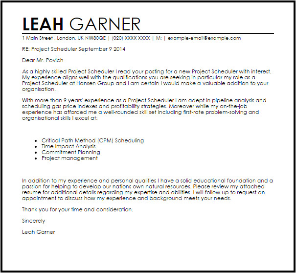 Cover Letter for Scheduler 1 Cover Letter for Scheduler Project Scheduler Cover Letter Sample Cover Letter