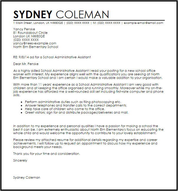 Cover Letter for School Office assistant School Administrative assistant Cover Letter Sample