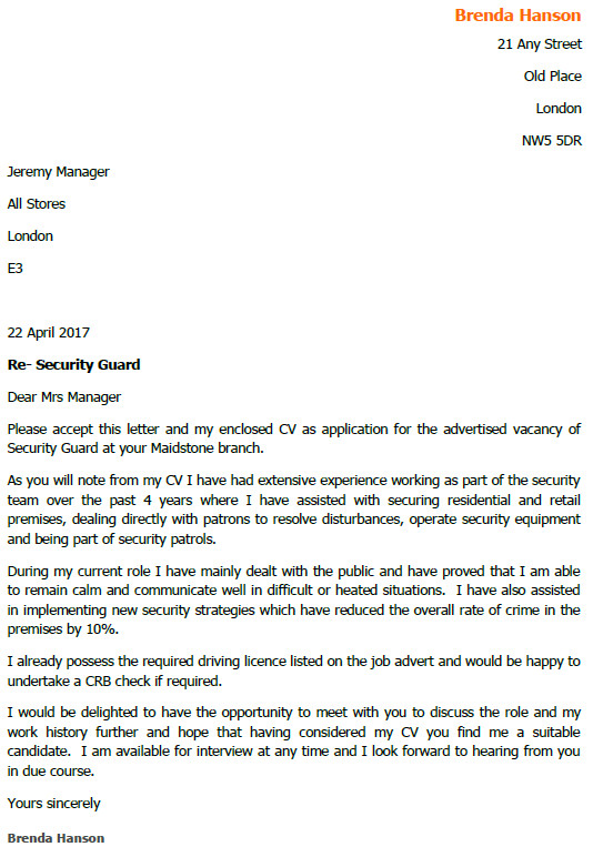 security guard job application and cover letter example
