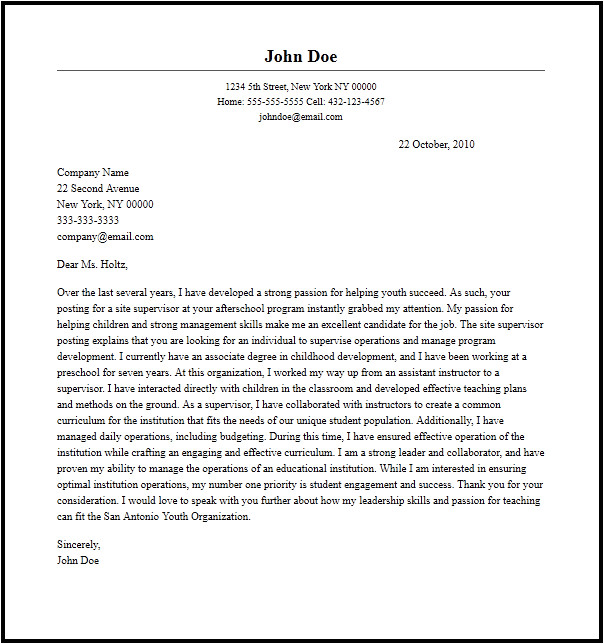 Cover Letter for Site Supervisor Professional Site Supervisor Cover Letter Sample Writing