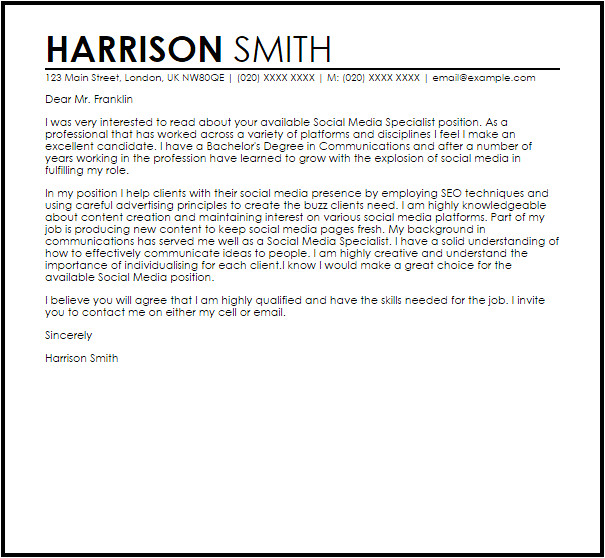 Cover Letter for social Media Specialist social Media Specialist Cover Letter Sample Cover Letter