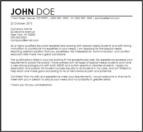 Cover Letter for Special Needs assistant Free Special Needs Teaching assistant Cover Letter