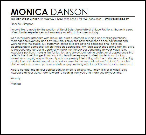 Cover Letter for Store associate Retail Sales associate Cover Letter Sample Cover Letter