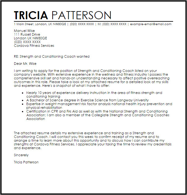 Cover Letter for Strength and Conditioning Coach Strength and Conditioning Coach Cover Letter Sample