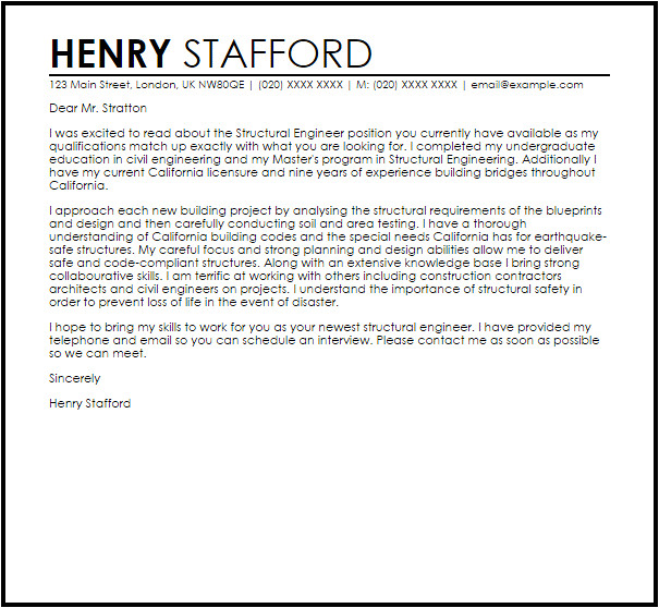 Cover Letter for Structural Engineer Position Structural Engineer Cover Letter Sample Cover Letter