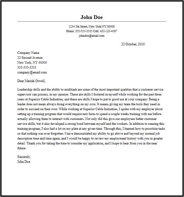 Cover Letter for Supervisor Position Customer Services Professional Customer Service Supervisor Cover Letter