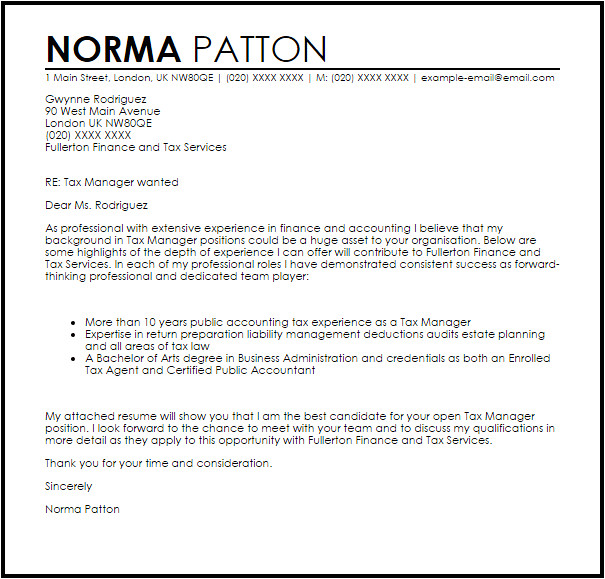 Cover Letter for Tax Position Tax Manager Cover Letter Sample Cover Letter Templates