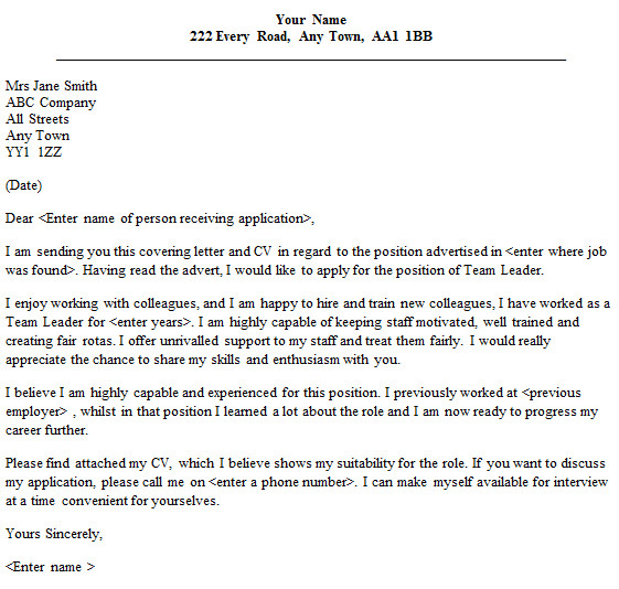 Cover Letter for Team Leader Position Examples Team Leader Cover Letter Sample Lettercv Com