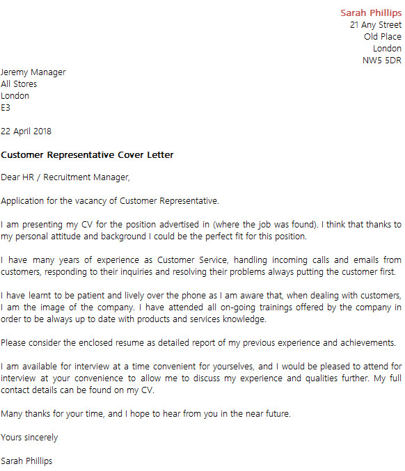 customer representative cover letter example