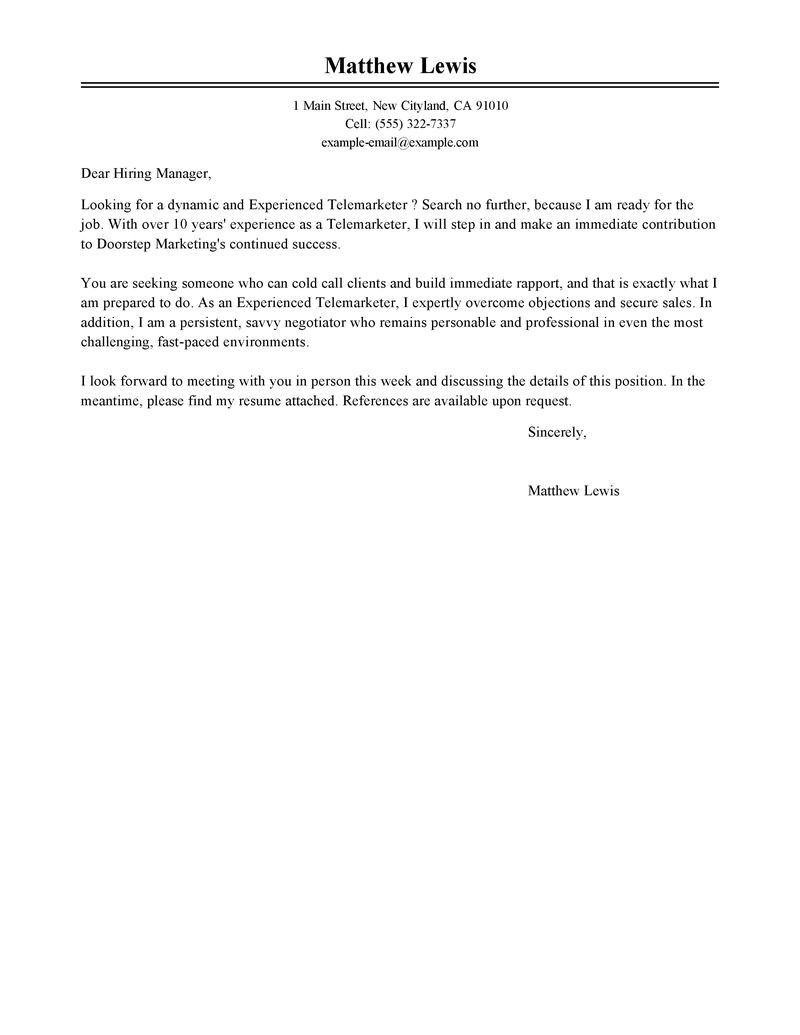 experienced telemarketer cover letter sample