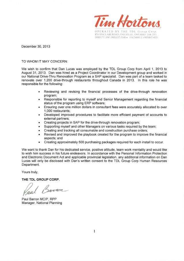 Cover Letter for Tim Hortons Tim Hortons Letter Of Reference