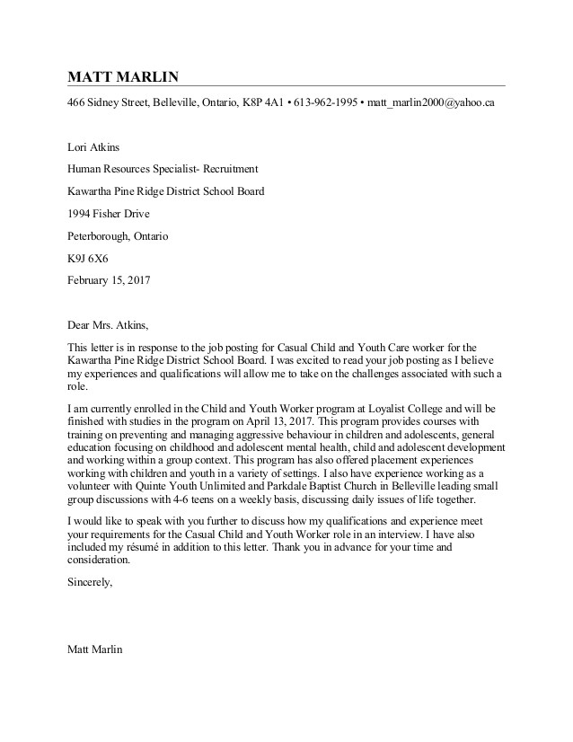 Cover Letter for Working with Youth Child and Youth Worker Cover Letter