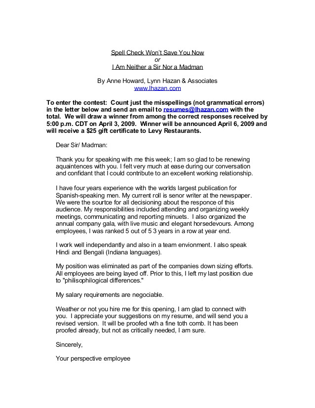 Cover Letter for Writing Contest Cover Letter Misspellings Contest