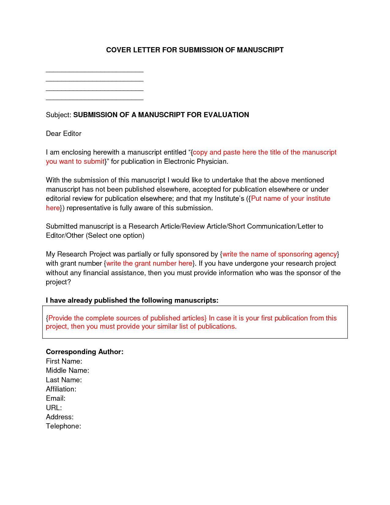 Cover Letter Sample for Submitting Manuscript Manuscript Cover Letter Sample Best Letter Sample