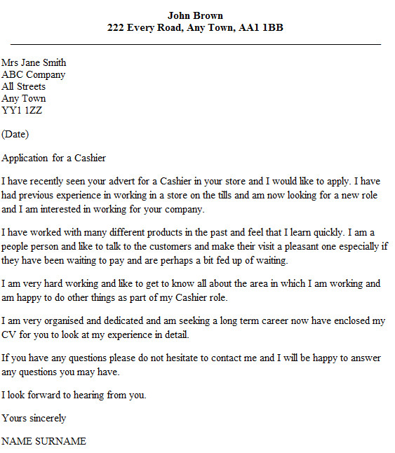 cashier cover letter example