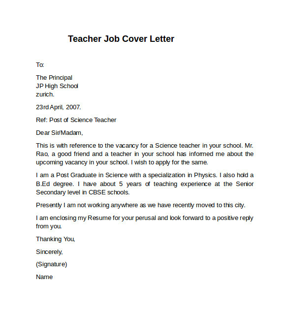 Cover Letter Samples for Teaching Positions 10 Teacher Cover Letter Examples Download for Free