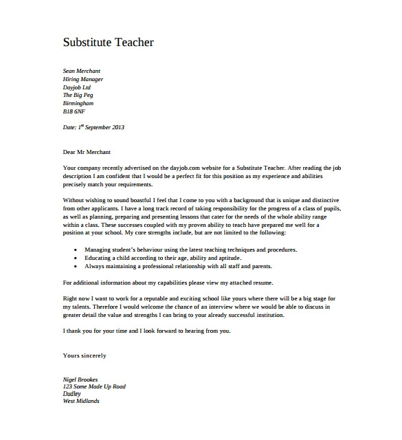 sample teacher cover letter
